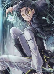 Rule 34 | 1girl, black hair, boots, circlet, curly hair, evil smile, fire emblem, fire emblem: the blazing blade, knee boots, limstella (fire emblem), long hair, looking at viewer, magic, nemupon (goodlucky), nintendo, pants, shirt, smile, solo, white pants, white shirt, yellow eyes
