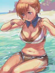 Rule 34 | 1girl, adjusting clothes, adjusting swimsuit, bare shoulders, beach, bikini, blonde hair, blue eyes, blue sky, blurry, blurry background, bracelet, breasts, cleavage, closed mouth, day, earrings, final fantasy, final fantasy xi, hume, jewelry, medium breasts, navel, outdoors, partially submerged, seashell, shell, shell earrings, short hair, sitting, sky, smile, solo, split mouth, swimsuit, water, wet, wet hair, yuccoshi