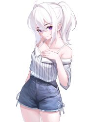 Rule 34 | 1girl, absurdres, bare shoulders, blue shorts, collarbone, cowboy shot, cross-laced clothes, cross-laced shorts, hair intakes, hand on own chest, highres, ine (vtuber), iznal, light smile, long hair, looking at viewer, off-shoulder shirt, off shoulder, ponytail, purple eyes, shirt, short shorts, shorts, simple background, solo, striped clothes, striped shirt, vertical-striped clothes, vertical-striped shirt, virtual youtuber, waktaverse, white background, white hair