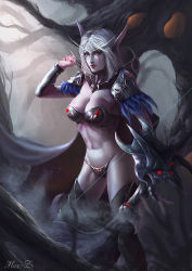 Rule 34 | 1girl, armor, arrow (projectile), bikini armor, bow, bow (weapon), breasts, cape, cleavage, demon girl, elf, gloves, grey hair, large breasts, long hair, pointy ears, red eyes, smile, solo, sylvanas windrunner, toyzhung, tree, underwear, warcraft, weapon, world of warcraft