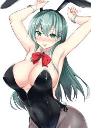 Rule 34 | 1girl, :p, animal ears, armpits, arms up, bare shoulders, bow, bowtie, breasts, cleavage, fake animal ears, gin&#039;ichi (akacia), green eyes, green hair, grey pantyhose, hair between eyes, hair ornament, hairclip, kantai collection, large breasts, leotard, long hair, looking at viewer, pantyhose, playboy bunny, rabbit ears, red bow, red bowtie, simple background, smile, solo, suzuya (kancolle), tongue, tongue out, white background