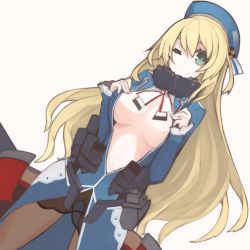 Rule 34 | 10s, 1girl, atago (kancolle), bad id, bad pixiv id, blonde hair, breasts, green eyes, hat, kantai collection, large breasts, long hair, looking at viewer, mikoto (oi plus), military, military uniform, open clothes, pantyhose, personification, smile, solo, uniform, wink