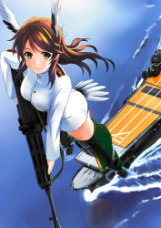 Rule 34 | 10s, 1girl, aircraft carrier, bird tail, brave witches, brown eyes, brown hair, flying, gun, gun sling, hair ribbon, head wings, highres, jacket, karibuchi takami, long hair, military, military jacket, military uniform, military vehicle, mizuki (mizuki ame), naval uniform, no pants, ribbon, ship, solo, strike witches, striker unit, swimsuit, swimsuit under clothes, tail, uniform, warship, watercraft, weapon, weapon request, wings, world witches series