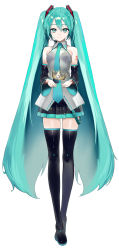 Rule 34 | 1girl, aqua eyes, aqua hair, aqua necktie, bare shoulders, black footwear, black skirt, black sleeves, black thighhighs, blue eyes, blue hair, blue necktie, breasts, collared shirt, crown, cupping hands, detached sleeves, full body, grey shirt, hatsune miku, headset, highres, loafers, long hair, long sleeves, miniskirt, necktie, own hands together, pleated skirt, rsk (tbhono), shirt, shoes, skirt, sleeveless, sleeveless shirt, small breasts, standing, thighhighs, twintails, very long hair, vocaloid, wide sleeves, zettai ryouiki