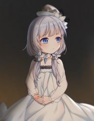 Rule 34 | 1girl, aged down, azur lane, black background, blue eyes, child, choker, dress, hat, highres, illustrious (azur lane), jewelry, little illustrious (azur lane), long hair, low twintails, own hands together, pendant, silver hair, simple background, sitting, solo, twintails, vincente, white dress, white hat