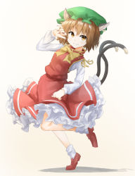 Rule 34 | :3, animal ears, bow, bowtie, brown eyes, brown hair, cat ears, cat tail, chen, clip studio paint (medium), closed mouth, dress, earrings, fingernails, frilled dress, frills, full body, green hat, hat, highres, jewelry, leg up, loafers, long fingernails, long sleeves, mandarin collar, mob cap, multiple tails, nail polish, nekomata, red dress, red footwear, red nails, ribbon, shoes, short hair, simple background, single earring, socks, standing, standing on one leg, tail, tarumaru, touhou, two tails, white background, white sleeves, white socks, yellow bow, yellow bowtie, yellow ribbon