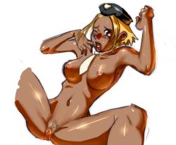 Rule 34 | 00s, 1girl, armpits, blonde hair, blush, breasts, clitoris, dark-skinned female, dark skin, female pubic hair, flcl, hat, kitsurubami, large breasts, naked necktie, navel, necktie, nipples, non-web source, nude, one eye closed, open mouth, pubic hair, pussy, pussy juice, red eyes, short hair, simple background, solo, spread legs, tongue, uncensored, white background, wink
