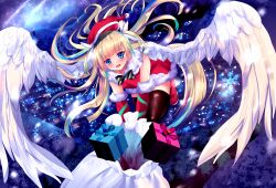 Rule 34 | 1girl, absurdres, alternate costume, angel, angel wings, bare shoulders, black thighhighs, blonde hair, blue eyes, blue hair, blunt bangs, blush, boots, bow, box, christmas, city lights, commentary, dress, elbow gloves, floating hair, flying, from above, full body, fur-trimmed dress, fur-trimmed gloves, fur trim, gift, gift bag, gift box, gloves, green bow, hat, highres, izumikuu, long hair, looking at viewer, mountainous horizon, multicolored hair, night, open mouth, outdoors, revision, santa boots, santa costume, santa dress, santa gloves, santa hat, shirayuki noa, shooting star, short dress, sky, sleeveless, sleeveless dress, smile, snowflakes, snowing, solo, star (sky), starry sky, streaked hair, tenshi souzou re-boot!, thighhighs, two side up, very long hair, white wings, wing hair ornament, wings, zettai ryouiki