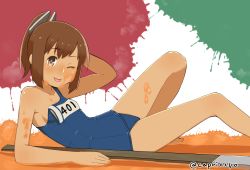 Rule 34 | 10s, 1girl, arm up, art brush, blush, brown eyes, brown hair, capriccyo, i-401 (kancolle), kantai collection, looking at viewer, matching hair/eyes, old school swimsuit, one-piece swimsuit, one eye closed, paint, paint splatter, paintbrush, ponytail, school swimsuit, short hair, short ponytail, smile, solo, swimsuit, tan, tanline, tongue, tongue out, torn clothes, torn swimsuit