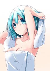 Rule 34 | 10s, 1girl, aqua eyes, aqua hair, armpits, arms up, bare shoulders, breasts, cleavage, collarbone, divine gate, highres, holding, looking at viewer, medium breasts, naked towel, nanaume (shichimi tougarashi), parted lips, pink background, short hair, simple background, solo, towel, upper body, vivian (divine gate), wet, wet hair