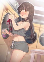 Rule 34 | 1girl, bad id, bad twitter id, bare arms, bare shoulders, blurry, blush, breasts, brown hair, cleavage, commentary request, cowboy shot, crop top, crop top overhang, depth of field, grey shirt, grey shorts, highres, holding, indoors, laundromat, laundry, long hair, looking at viewer, medium breasts, midriff, navel, notice lines, open mouth, orange eyes, original, sakura yuki (clochette), shirt, short shorts, shorts, sleeveless, sleeveless shirt, solo, stomach, sweat, table, thighs, underwear, v-shaped eyebrows, washing machine