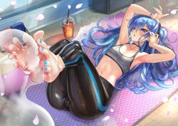 Rule 34 | 1boy, 1girl, armpits, arms up, bald, barefoot, blue eyes, blue hair, blush, cameltoe, cherry blossoms, cleft of venus, drink, faceless, faceless male, feet, foot worship, highres, hololive, hoshimachi suisei, leggings, long hair, lying, on back, open mouth, pants, soles, speaker, sports bra, straw, toes, virtual youtuber, yoga mat, yoga pants