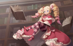 Rule 34 | 1girl, ass, beatrice (re:zero), blonde hair, blue eyes, bombong, book, bow, butterfly-shaped pupils, capelet, closed mouth, commentary, crossed legs, crown, dress, drill hair, floating, floating object, frilled dress, frills, from below, hair bow, hair ribbon, hand up, highres, indoors, library, long hair, long sleeves, looking at viewer, looking down, mini crown, multicolored hair, neck ribbon, open book, pantyhose, parted bangs, pink bow, pink hair, pink legwear, re:zero kara hajimeru isekai seikatsu, red capelet, red dress, red ribbon, ribbon, shoes, solo, striped clothes, striped legwear, striped pantyhose, symbol-shaped pupils, twin drills, twintails, two-tone hair