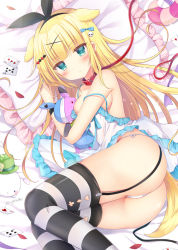 Rule 34 | 1girl, animal ears, ass, bare arms, bare shoulders, blonde hair, breasts, closed mouth, collar, dog ears, dog girl, dog tail, dress, frilled dress, frills, frown, garter straps, green eyes, hair ornament, hair ribbon, leash, long hair, looking at viewer, lying, medium breasts, no bra, on side, original, panties, picpicgram, pillow, ribbon, short dress, side-tie panties, sleeveless, sleeveless dress, solo, spaghetti strap, strap slip, string panties, striped clothes, striped thighhighs, tail, thighhighs, thighs, underwear, v-shaped eyebrows, white dress, white panties, x hair ornament