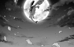 Rule 34 | closed mouth, cloud, commentary request, creatures (company), falling leaves, flying, game freak, gen 2 pokemon, greyscale, leaf, legendary pokemon, lugia, monochrome, moon, night, nintendo, no humans, outdoors, pokemon, pokemon (creature), sky, solo, y (036 yng)