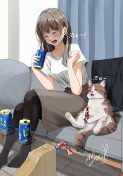 Rule 34 | !, 1girl, alcohol, animal, beer, beer can, black jacket, black pantyhose, blazer, blue curtains, blush, brown cat, brown hair, brown skirt, can, cat, clenched hand, closed eyes, collarbone, commentary request, couch, curtains, drink, drink can, drinking, elbow on leg, floor, food, full body, glass table, hair behind ear, hair intakes, hair over shoulder, happy, head tilt, highres, holding, holding can, holding drink, holding food, indoors, jacket, light, living room, long hair, long skirt, multicolored cat, night, no shoes, office lady, on couch, open mouth, original, pantyhose, parted bangs, pet food, shirt, shirt tucked in, short sleeves, sidelocks, signature, sitting, skirt, smile, solo, soragane (banisinngurei), swept bangs, table, teeth, text background, tongue, translation request, unworn blazer, unworn jacket, upper teeth only, white cat, white shirt, wide sleeves, wooden floor