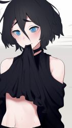 Rule 34 | 1boy, bare shoulders, black choker, black hair, black shirt, blouse, blue eyes, blush, braid, braided bangs, choker, clothes in mouth, clothes lift, commentary request, grey background, hair between eyes, highres, indie virtual youtuber, kushizaki (vtuber), lifted by self, male focus, mouth hold, navel, o-ring, o-ring choker, shirt, shirt in mouth, shirt lift, short hair, single braid, solo, st (youx1119), stomach, sweat, trap, two-tone background, upper body, virtual youtuber