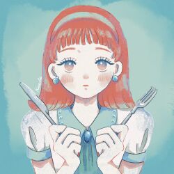 Rule 34 | 1girl, blunt bangs, blush, brooch, closed mouth, commentary, earrings, english commentary, fork, green background, hairband, hands up, highres, holding, holding fork, holding knife, jewelry, knife, koeda, long hair, looking at viewer, medium hair, original, puffy sleeves, red hair, red nails, shirt, short sleeves, signature, solo, sphere earrings, straight-on, upper body