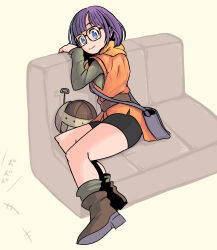 Rule 34 | 1girl, absurdres, bag, belt, bike shorts, blue eyes, boots, chrono trigger, closed mouth, couch, full body, glasses, helmet, highres, looking at viewer, lucca ashtear, okera, purple hair, short hair, shoulder bag, sitting, smile, solo, white background