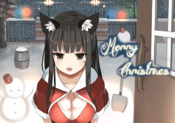 Rule 34 | 1girl, :d, animal ears, black hair, breasts, brown eyes, capelet, cat ears, christmas, cleavage, jitome, large breasts, long hair, looking at viewer, merry christmas, onasuba, open mouth, original, smile, snowing, snowman, solo