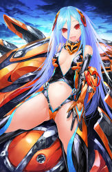 Rule 34 | 1girl, :d, bad id, bad pixiv id, bare shoulders, blue hair, blue sky, bodysuit, cleavage cutout, clothing cutout, cloud, eyebrows, eyes visible through hair, gloves, hair between eyes, hand on own thigh, highres, leaning back, long hair, looking at viewer, mecha musume, navel, navel cutout, open mouth, original, outdoors, red eyes, science fiction, sitting, sky, smile, solo, solru, spread legs, very long hair