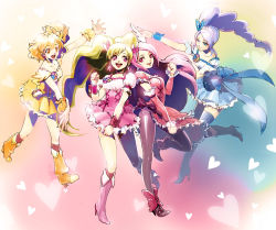 Rule 34 | 00s, 4girls, aono miki, black legwear, blonde hair, blue eyes, blue skirt, boots, bow, brown eyes, brown hair, choker, cure berry, cure passion, cure peach, cure pine, dress, earrings, fresh precure!, frills, full body, gathers, hair ornament, hair ribbon, hairband, hairpin, heart, heart hair ornament, higashi setsuna, jewelry, knee boots, long hair, magical girl, miyamoto (krmc), momozono love, multiple girls, pantyhose, pink bow, pink eyes, pink footwear, pink hair, precure, purple hair, ribbon, shoes, short hair, side ponytail, skirt, smile, thighhighs, thighhighs under boots, twintails, wrist cuffs, yamabuki inori