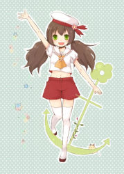 Rule 34 | 1girl, 1st-mn, :3, :d, anchor, beret, brown hair, flower, green eyes, hat, hat flower, long hair, open mouth, original, shorts, smile, solo, star (symbol), thighhighs, twintails, waving
