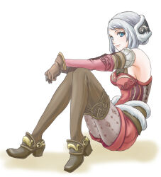 Rule 34 | 1girl, arciela v adoulin, bare shoulders, blue eyes, blush, breasts, brown footwear, brown gloves, brown thighhighs, closed mouth, detached sleeves, earmuffs, final fantasy, final fantasy xi, fur trim, gloves, grey hair, grey pantyhose, hume, jumpsuit, layered legwear, layered sleeves, long sleeves, medium breasts, no bra, outstretched arms, pantyhose, pink sleeves, print legwear, print pantyhose, red jumpsuit, sakutsuki, shoes, short hair, short jumpsuit, sideboob, sitting, smile, solo, striped clothes, striped thighhighs, thighhighs, vertical-striped clothes, vertical-striped thighhighs