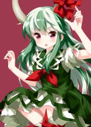 Rule 34 | 1girl, bow, dress, ex-keine, green dress, green hair, hair between eyes, highres, horn bow, horn ornament, horns, index finger raised, kamishirasawa keine, long hair, looking at viewer, multicolored hair, open mouth, puffy short sleeves, puffy sleeves, red background, red bow, red eyes, red neckwear, ruu (tksymkw), short sleeves, simple background, solo, touhou, two-tone hair, v-shaped eyebrows, white hair, white legwear