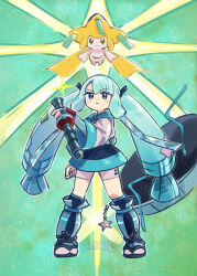 Rule 34 | 1girl, 250en remon, aqua eyes, black skirt, blush stickers, clenched hand, closed mouth, commentary request, creatures (company), eyelashes, game freak, gen 3 pokemon, green background, green hair, hair ribbon, hatsune miku, highres, holding, holding instrument, instrument, jacket, jirachi, legendary pokemon, legs apart, long hair, looking at viewer, mythical pokemon, nintendo, pokemon, pokemon (creature), project voltage, ribbon, shirt, shorts, skirt, standing, steel miku (project voltage), twintails, vocaloid