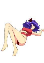 Rule 34 | 1girl, adapted costume, alternate costume, bad id, bad pixiv id, blue hair, blush, breasts, camisole, female focus, hair ornament, lying, medium breasts, navel, non (z-art), panties, red eyes, red panties, short hair, simple background, solo, touhou, underwear, underwear only, white background, yasaka kanako