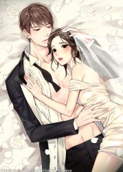 Rule 34 | 1boy, 1girl, artist name, black pants, bridal veil, cover, cover page, dress, flower, formal, gearous, hand on another&#039;s chest, hand on another&#039;s head, hetero, muscular, on bed, original, pants, parted lips, petals, suit, veil, watermark