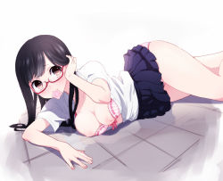 1girl bad_id bad_pixiv_id black_hair blush bra breasts brown_eyes condom condom_in_mouth female_focus floor glasses tucking_hair large_breasts long_hair looking_at_viewer lying mouth_hold musco nipples on_side original panties pantyshot pink_bra pink_panties red-framed_eyewear semi-rimless_eyewear skirt solo unbuttoned underwear upskirt