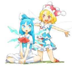 Rule 34 | 2girls, adapted costume, alternate hair length, alternate hairstyle, american flag, american flag print, american flag shirt, american flag skirt, bare arms, behind another, blonde hair, blue eyes, blue hair, blue vest, bow, buck teeth, cirno, clownpiece, commentary request, dress, fairy wings, flag print, hair bow, hands on own leg, hat, indian style, jester cap, kneehighs, kneeling, long hair, looking at another, multiple girls, open mouth, outstretched arms, own hands together, parted bangs, petticoat, print shirt, print skirt, red eyes, red legwear, red neckwear, ribbon, shirt, short hair, short sleeves, sidelocks, sideways glance, simple background, sitting, sleeveless, sleeveless shirt, socks, spread arms, teeth, touhou, vest, white background, white dress, white legwear, wings, ziro (daydozen)