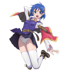 Rule 34 | 1girl, :o, arm up, belt, black skirt, blue eyes, blue hair, breasts, brown footwear, cape, crescent, crescent hair ornament, hair ornament, highres, kuruuno, looking at viewer, panties, pointy ears, rena lanford, short hair, simple background, skirt, small breasts, solo, star ocean, star ocean the second story, thighhighs, underwear, white background, white panties, white thighhighs, wind, wind lift
