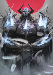 Rule 34 | 1boy, armor, black armor, black horns, blue eyes, blue fire, burning, fate/grand order, fate (series), feathers, fire, fire, flaming eye, glowing, glowing eyes, highres, holding, holding sword, holding weapon, horns, king hassan (fate), looking at viewer, male focus, mask, skull, skull mask, solo, spikes, sword, weapon, whitecrow4444