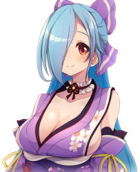 Rule 34 | .live, 1girl, blue hair, bow, breasts, choker, cleavage, closed mouth, detached sleeves, frilled choker, frills, hair bow, hair over one eye, highres, japanese clothes, kimono, large breasts, long hair, looking at viewer, orange eyes, purple bow, purple kimono, purple sleeves, simple background, smile, solo, suzushika (13 96), upper body, virtual youtuber, white background, white choker, yamato iori