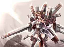 Rule 34 | 10s, 1girl, antennae, bad id, bad pixiv id, black footwear, black thighhighs, boots, brown eyes, brown hair, cannon, detached sleeves, i-class destroyer, kantai collection, kongou (kancolle), long sleeves, machinery, shirt, skirt, solo, sumapan, thigh boots, thighhighs, wide sleeves, zettai ryouiki