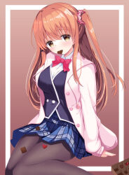 Rule 34 | 1girl, arm at side, black pantyhose, blue skirt, blush, border, bow, bowtie, breasts, brown background, brown eyes, brown hair, candy, cardigan, chocolate, chocolate heart, collared shirt, commentary request, feet out of frame, food, food in mouth, hair between eyes, hair ornament, hair scrunchie, hairclip, heart, highres, himeno sena, kisuish, koi kakeru shin-ai kanojo, large breasts, long hair, looking at viewer, miniskirt, open cardigan, open clothes, pantyhose, pink cardigan, pink scrunchie, plaid, plaid skirt, red bow, red bowtie, school uniform, scrunchie, shirt, shy, sidelocks, simple background, sitting, skirt, sleeves past wrists, solo, straight hair, two side up, valentine, wariza, white border, white shirt
