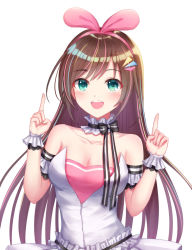 Rule 34 | 1girl, :d, adapted costume, bad id, bad pixiv id, bare shoulders, black ribbon, blush, bow, breasts, brown hair, choker, cleavage, collarbone, commentary, dress, fingernails, green eyes, hairband, hands up, highres, index finger raised, kizuna ai, kizuna ai (anniversary), kizuna ai inc., long hair, looking at viewer, medium breasts, multicolored hair, open mouth, pink bow, pink hair, pink hairband, revision, ribbon, ribbon choker, seungju lee, simple background, smile, solo, strapless, strapless dress, streaked hair, striped ribbon, swept bangs, teeth, upper body, upper teeth only, virtual youtuber, white background, white choker, white dress, wrist cuffs