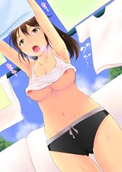 Rule 34 | 1girl, armpits, black shorts, bouncing breasts, breasts, brown eyes, brown hair, cameltoe, cleavage, cleft of venus, clothes lift, cloud, collarbone, day, drying, drying clothes, heavy breathing, highres, inverted nipples, katori (mocchidou), laundry, laundry pole, looking up, medium breasts, micro shorts, midriff, navel, nipples, open mouth, original, outdoors, ponytail, reaching, short shorts, shorts, solo, sweat, tank top, towel, underboob, wet, wet clothes