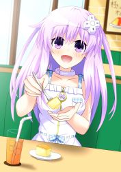 Rule 34 | bare shoulders, breasts, cake, castella (dessert), choker, cleavage, dress, drinking straw, food, fork, glass, greatful, hair ornament, hairclip, happy, highres, long hair, medium breasts, nepgear, neptune (series), open month, plate, puplre hair, purple eyes, swirl gear, table