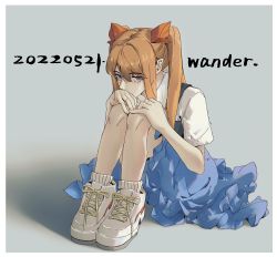 Rule 34 | 1girl, 2022, alternate hairstyle, artist request, brown hair, dated, expressionless, fetal position, full body, grey floor, highres, long hair, looking at viewer, neon genesis evangelion, school uniform, shoes, simple background, sitting, souryuu asuka langley, tokyo-3 middle school uniform, twintails