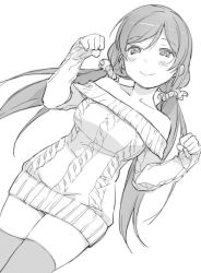 Rule 34 | 1girl, aran sweater, blush, cable knit, clenched hands, collarbone, duke (inu daimyou), dutch angle, greyscale, hair ornament, hair scrunchie, long hair, looking at viewer, love live!, love live! school idol project, monochrome, off-shoulder, off-shoulder sweater, off shoulder, scrunchie, sleeves past wrists, smile, solo, sweater, sweater vest, thighhighs, tojo nozomi, twintails
