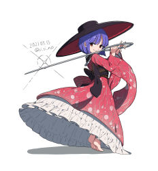 Rule 34 | 1girl, barefoot, bowl, bowl hat, commentary request, dated, frills, furisode, hat, highres, holding, holding needle, japanese clothes, kimono, long sleeves, looking to the side, needle, needle sword, obi, purple hair, red eyes, red kimono, sash, shishi osamu, short hair, smile, solo, standing, sukuna shinmyoumaru, tiptoes, touhou, twitter username, white background, wide sleeves