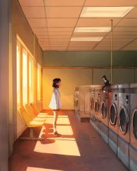 Rule 34 | 1girl, black hair, cat, evening, from side, highres, indoors, laundromat, long sleeves, looking at animal, medium hair, profile, red footwear, sam yang, shadow, shirt, shoes, sleeves past wrists, solo, standing, sunlight, sunset, white shirt, window