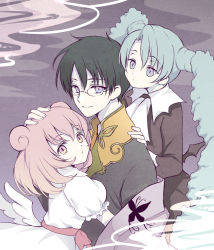 Rule 34 | 1boy, 2girls, animal print, artist name, blue hair, butterfly print, closed mouth, double bun, dress, glasses, hair bun, hand on another&#039;s head, hand on another&#039;s shoulder, highres, hug, kurabayashi, light smile, looking at viewer, maru (xxxholic), moro, multicolored eyes, multiple girls, official style, parted bangs, pink hair, puffy sleeves, red ribbon, ribbon, short hair, slit pupils, twintails, watanuki kimihiro, white dress, white wings, wings, xxxholic
