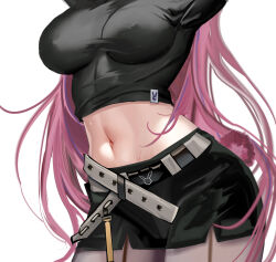 Rule 34 | 1girl, absurdres, arknights, belt, black shirt, black shorts, breasts, commentary request, cowboy shot, crop top, grey pantyhose, highres, large breasts, long hair, midriff, mikuning, navel, pantyhose, pantyhose under shorts, pink hair, rabbit tail, ray (arknights), shirt, short shorts, shorts, simple background, solo, standing, stomach, tail, very long hair, white background
