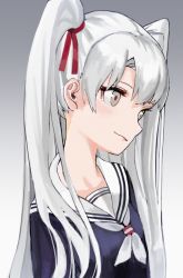 Rule 34 | 1girl, brown eyes, closed mouth, copyright request, from side, grey background, head tilt, highres, long hair, luicent, neckerchief, purple shirt, sailor collar, school uniform, serafuku, shirt, smile, solo, twintails, upper body, white hair, white neckerchief, white sailor collar
