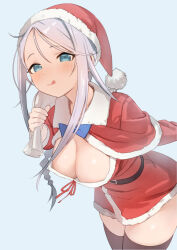 Rule 34 | 1girl, :q, black thighhighs, blue bow, blue eyes, blush, bow, braid, breasts, capelet, christmas, cleavage, dress, fur trim, grey hair, hat, holding, holding sack, kantai collection, leaning forward, long hair, looking at viewer, medium breasts, red dress, sack, sakieko, santa costume, santa hat, short dress, simple background, single braid, solo, thighhighs, tongue, tongue out, umikaze (kancolle)